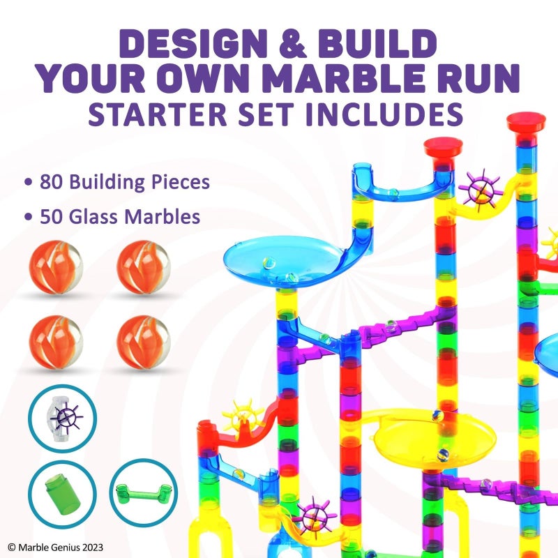 Marble Genius Marble Run Starter Set, STEM Toys & Maze Construction Building - 130 Translucent Track Pieces & Glass Marbles for Family, Kids Toddlers Ages 4-8 - Fun Easter Gifts - Image 3